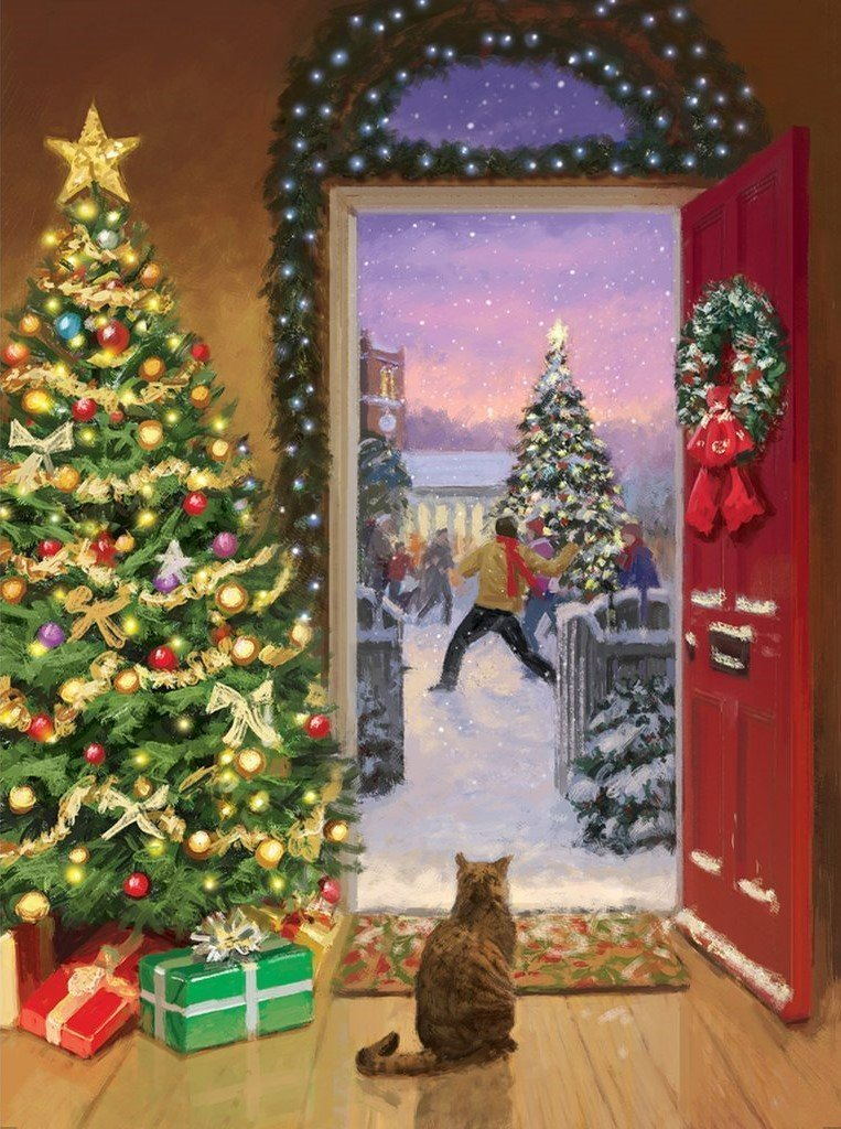 Winterse Kerstvreugde met Kat, Kerstboom en Open Deur Diamond Painting