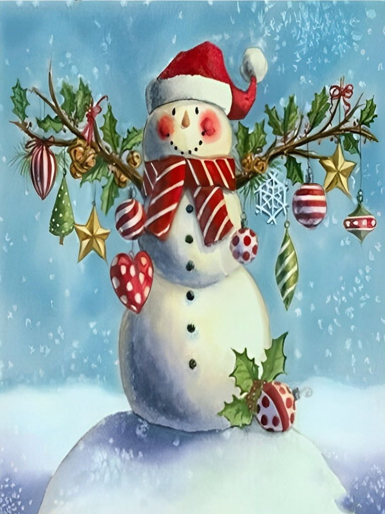 Winterse Sneeuwman met Kersthangers Diamond Painting