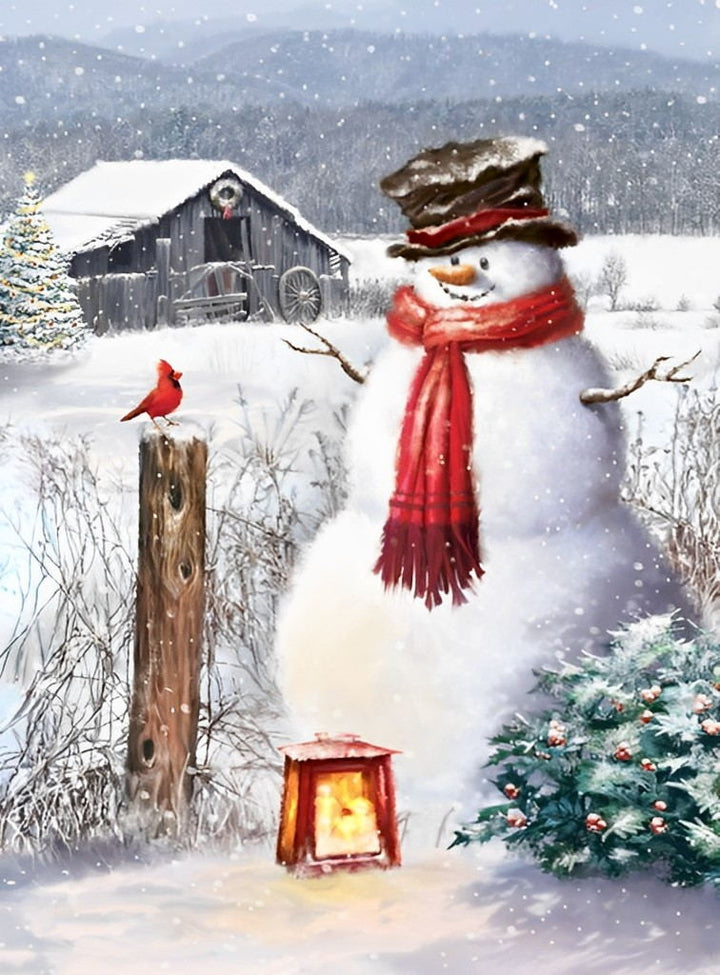 Winterse Sneeuwman met Vogel en Kerstversiering Diamond Painting