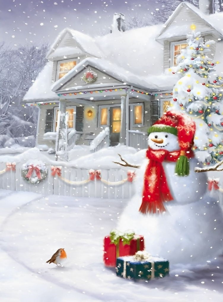 Wintertafereel met Sneeuwman, Vogel en Kersthuis Diamond Painting