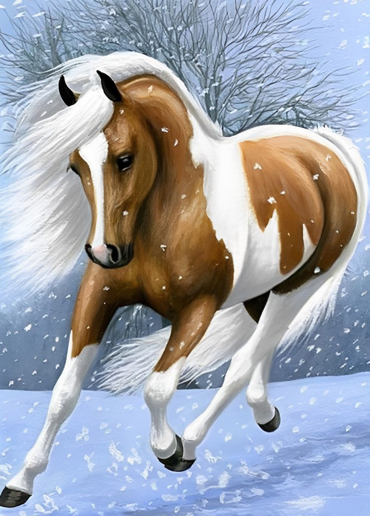 Wit en Bruin Paard Rennen in de Sneeuw Diamond Painting