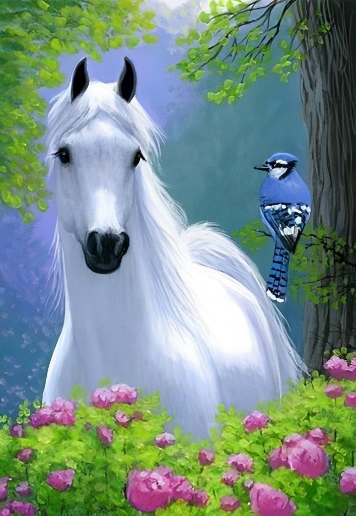 Wit Paard en een Blauwe Vogel in het Bos Diamond Painting