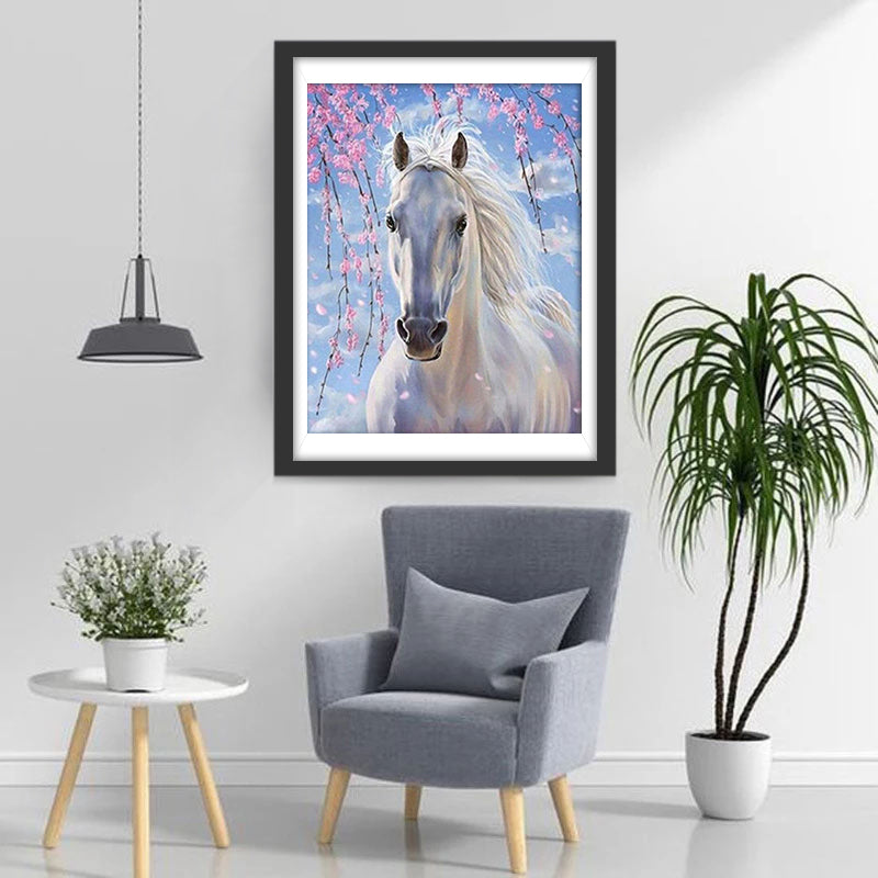 Wit Paard onder de Roze Bloemenboom Diamond Painting