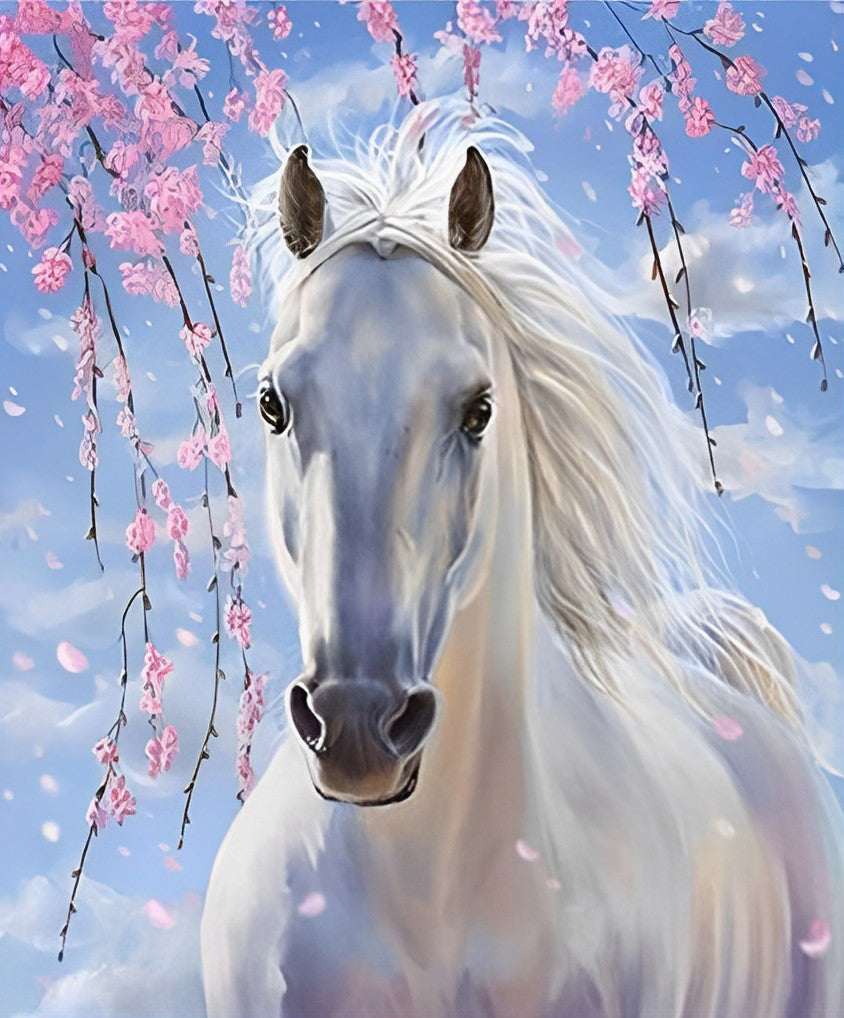 Wit Paard onder de Roze Bloemenboom Diamond Painting