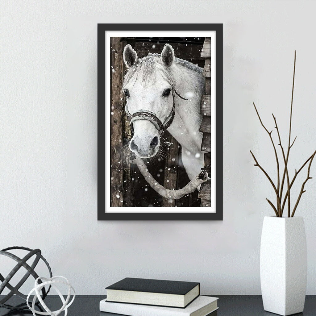 Wit Paard op een Besneeuwde Dag Diamond Painting