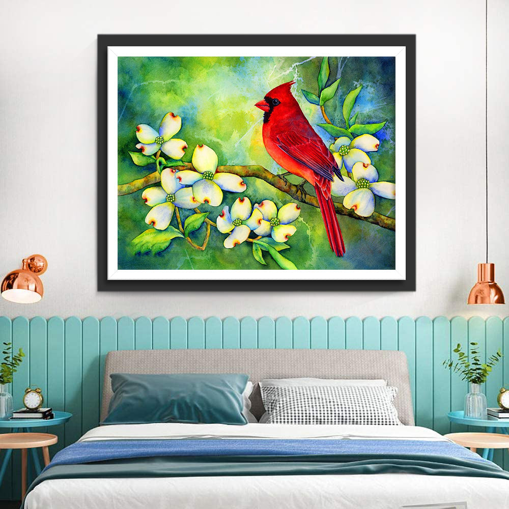 Witte Bloemen en een Noord-Amerikaanse Kardinaal Diamond Painting