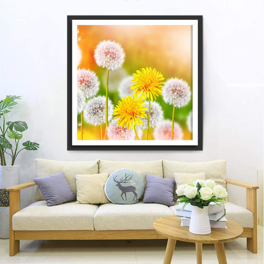 Witte Chrysanten en Paardenbloemen Diamond Painting