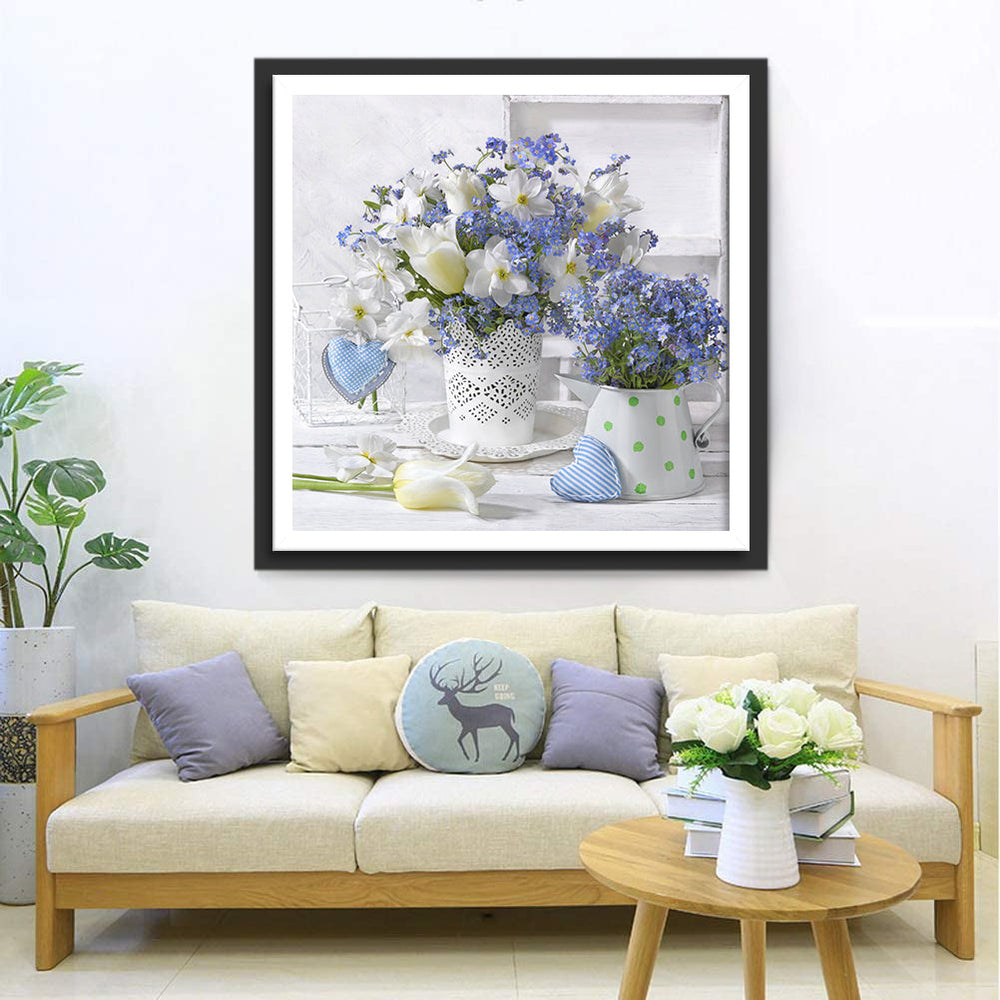 Witte en Blauwe Bloemen in Lace- en Stippenvaasjes Diamond Painting