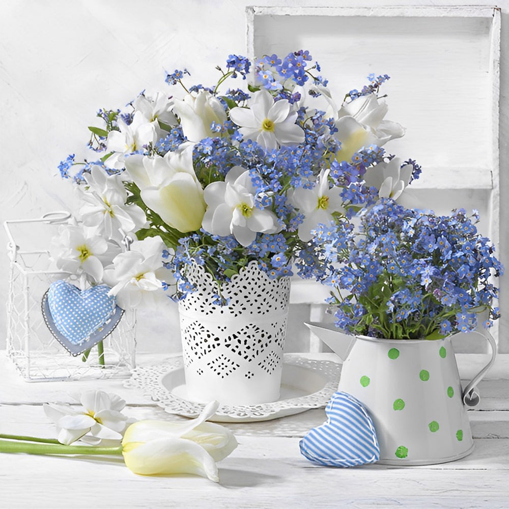 Witte en Blauwe Bloemen in Lace- en Stippenvaasjes Diamond Painting