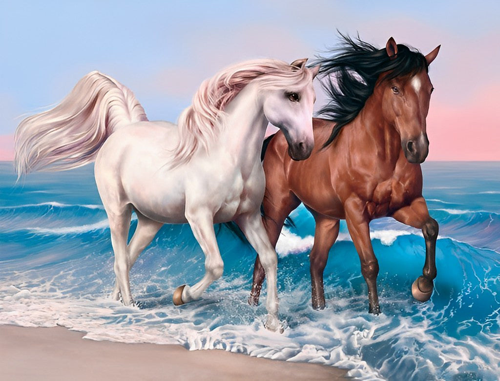 Witte en BruinePaarden Rennen op het Strand Diamond Painting
