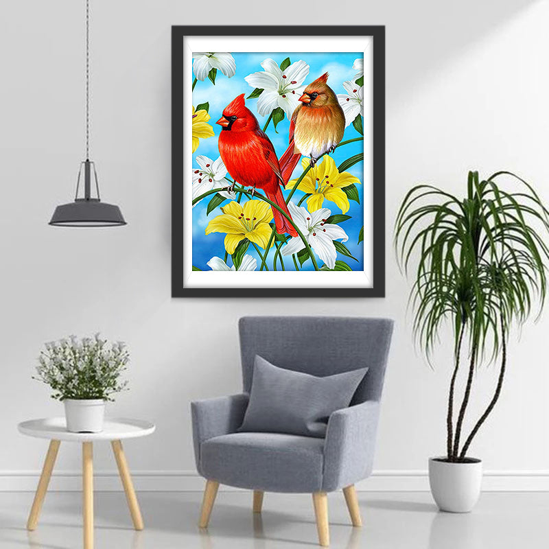 Witte en Gele Bloemen en Kardinalen Diamond Painting
