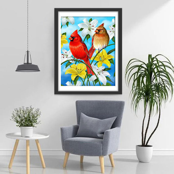 Witte en Gele Bloemen en Kardinalen Diamond Painting