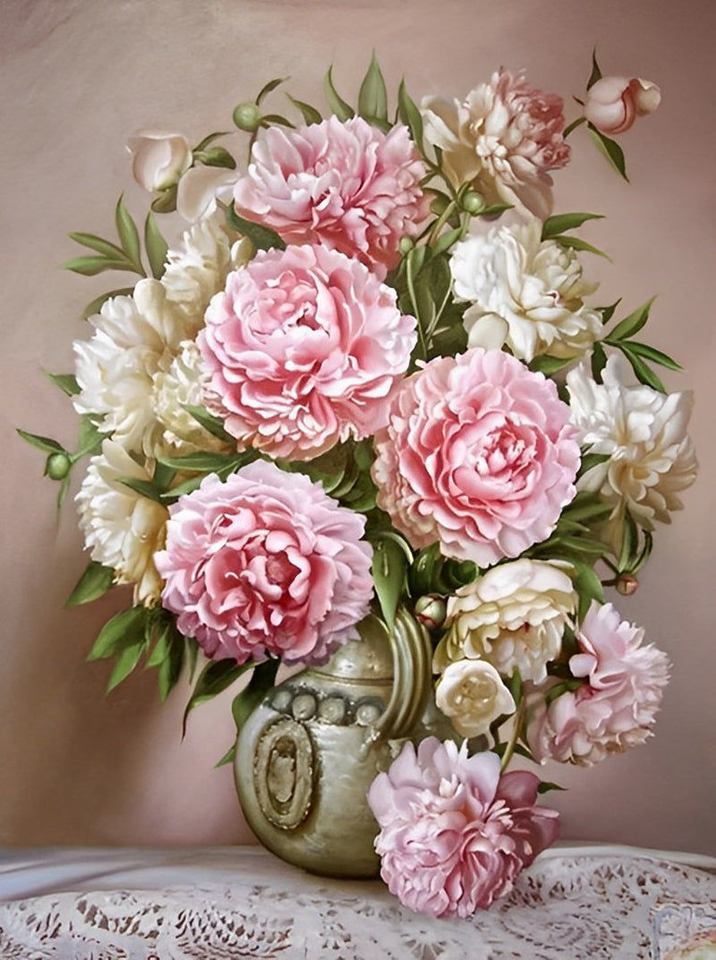 Witte en Roze Chinese Rozen Diamond Painting