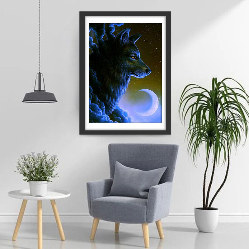 Witte Halve Maan en een Wolf in de Wolken Diamond Painting