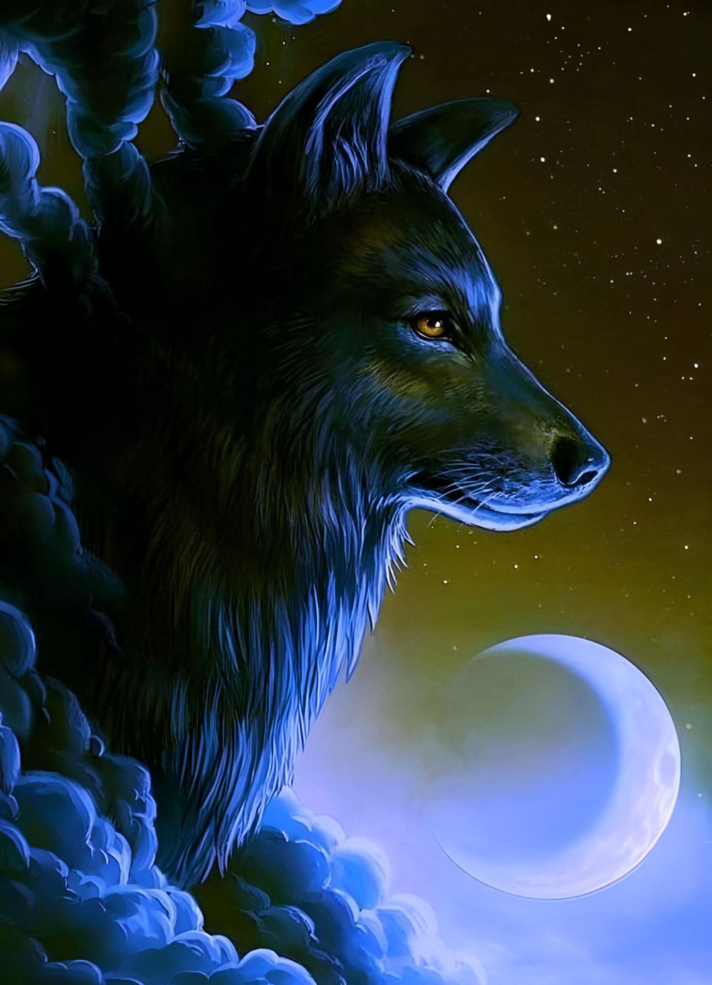 Witte Halve Maan en een Wolf in de Wolken Diamond Painting