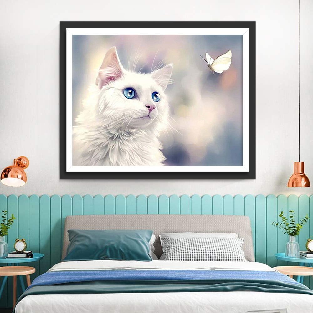 Witte kat en Witte Vlinder Diamond Painting