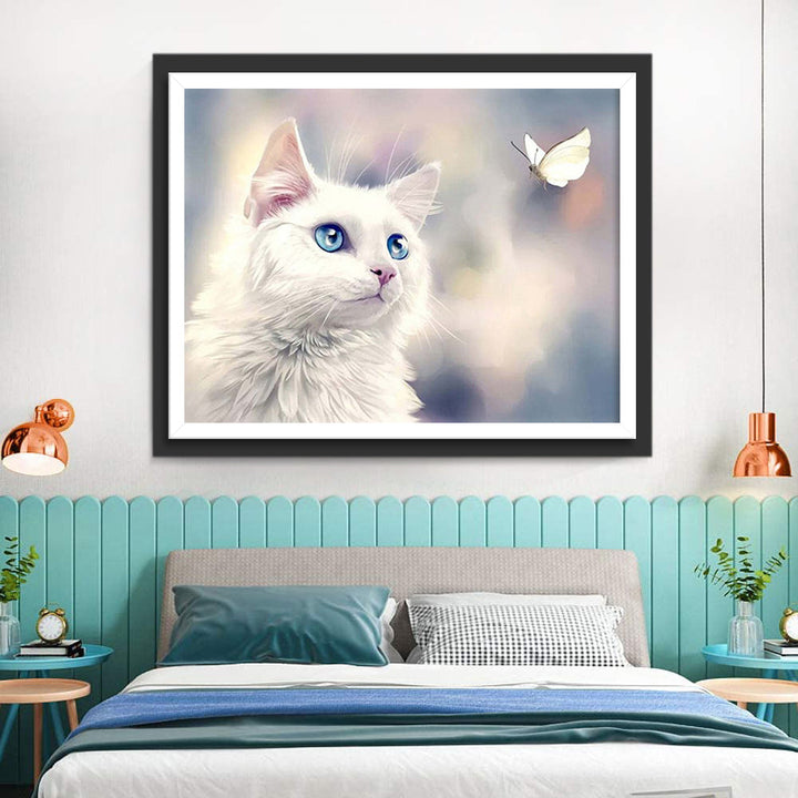 Witte kat en Witte Vlinder Diamond Painting