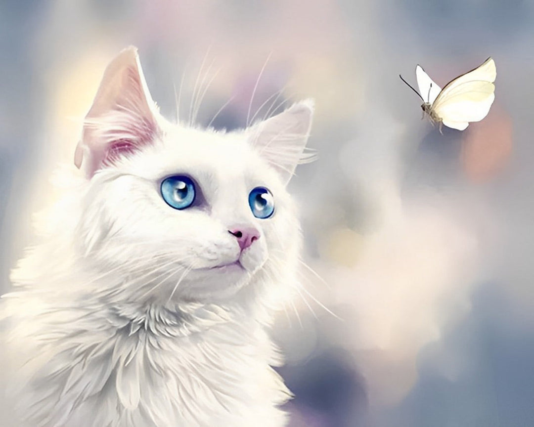 Witte kat en Witte Vlinder Diamond Painting