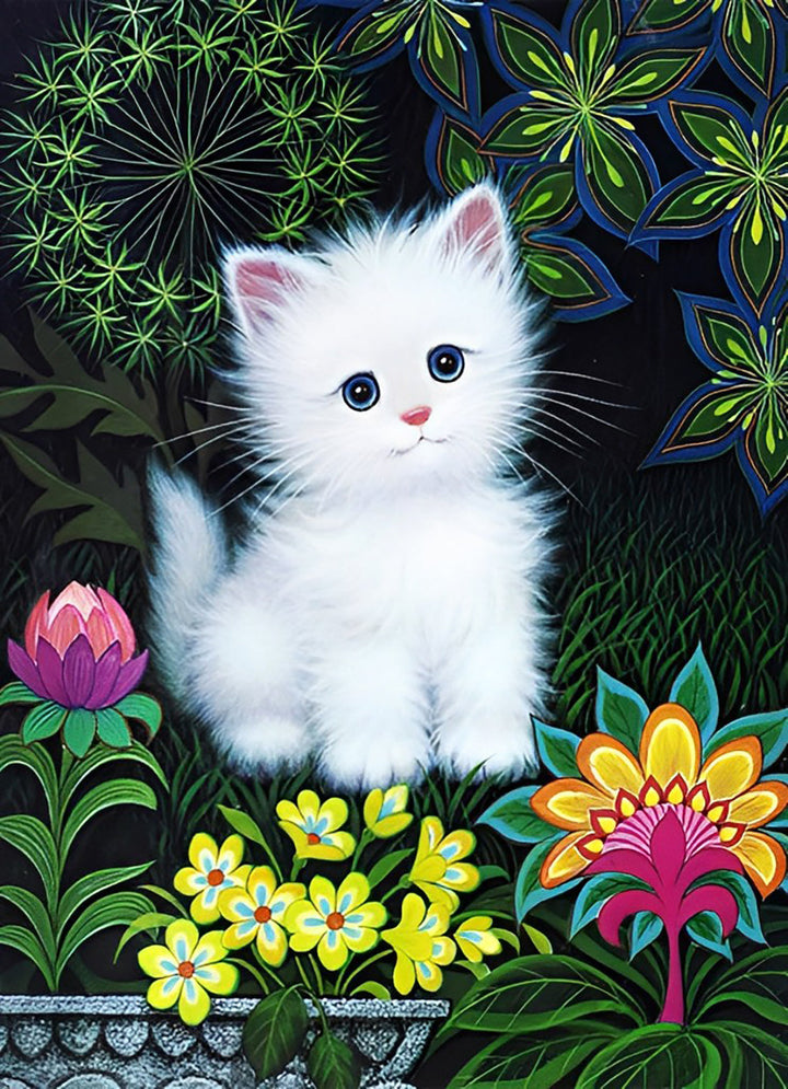 Witte Kat in de Struiken Diamond Painting