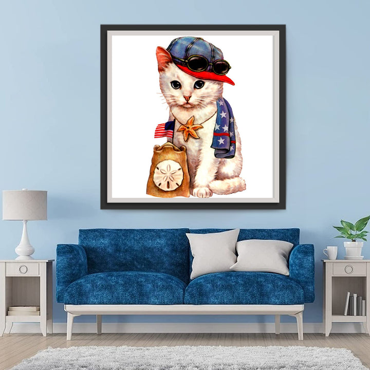 Witte Kat met een Amerikaanse Vlag Diamond Painting