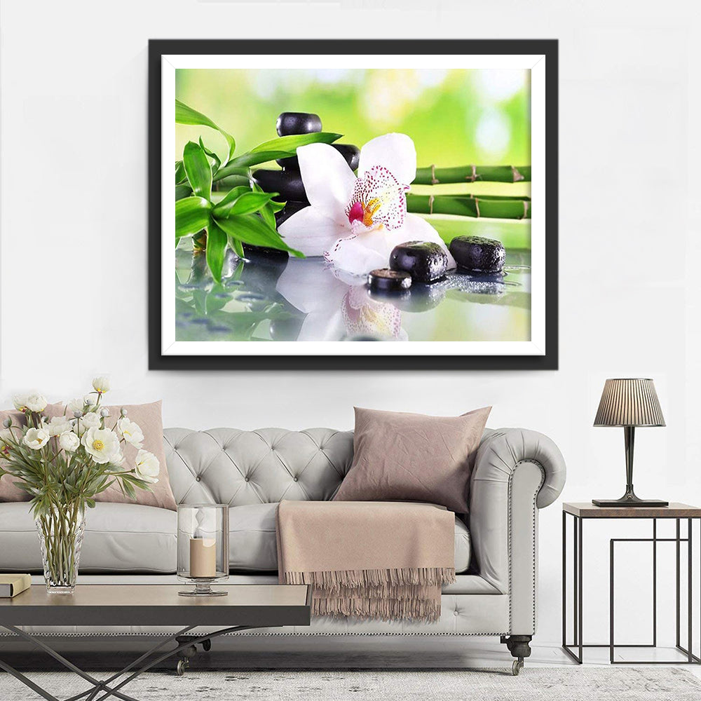 Witte Orchidee met Zwarte Stenen en Bamboe Diamond Painting
