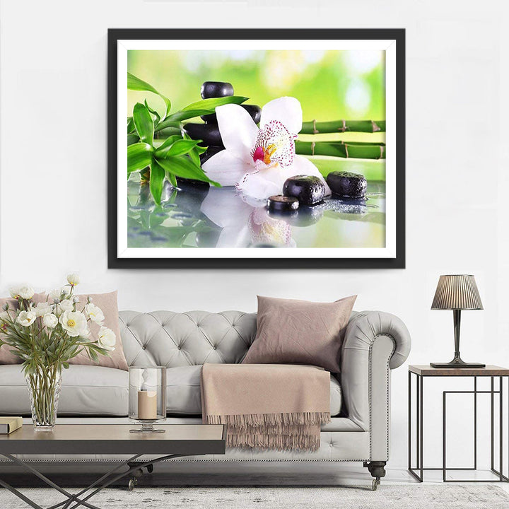 Witte Orchidee met Zwarte Stenen en Bamboe Diamond Painting