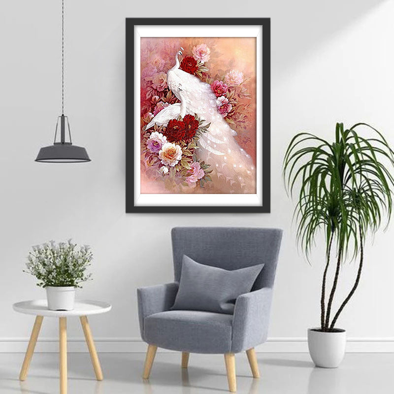 Witte Pauw in een Pioenrozenstruik Diamond Painting
