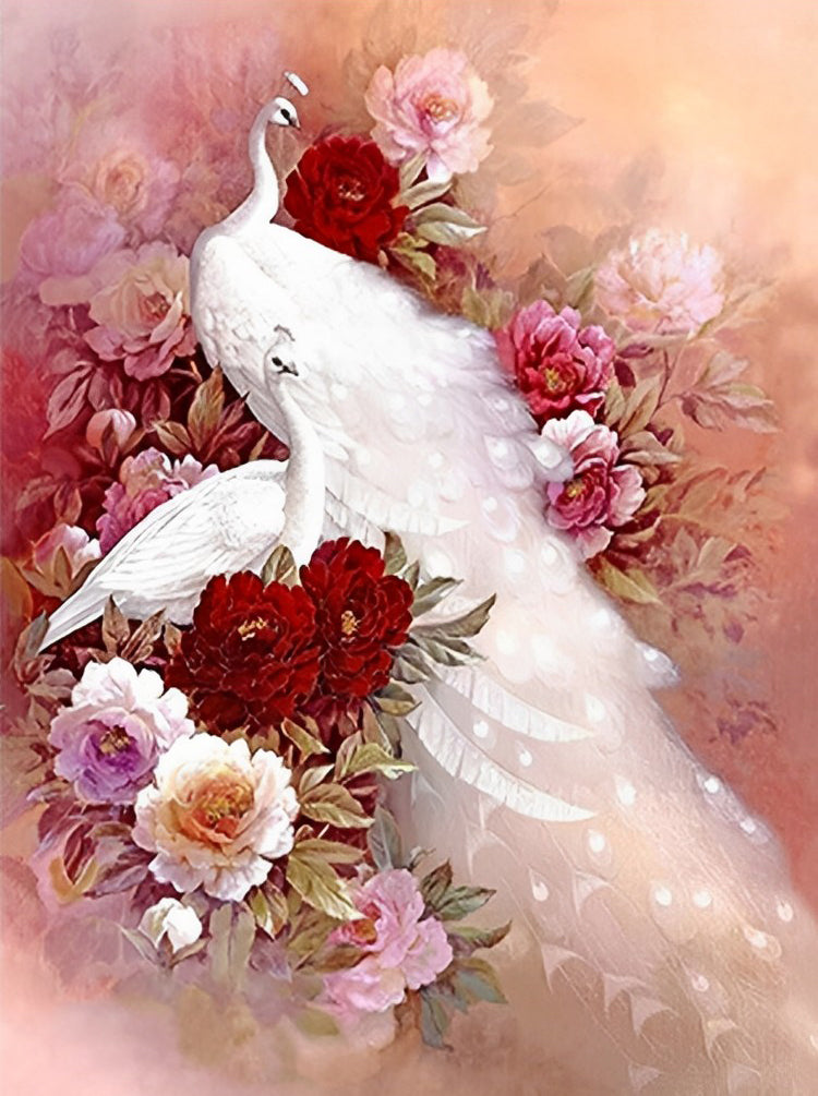 Witte Pauw in een Pioenrozenstruik Diamond Painting