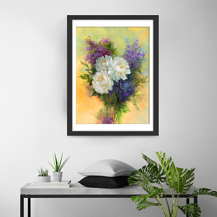 Witte Pioenrozen en Paarse Seringen Diamond Painting