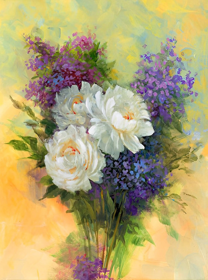 Witte Pioenrozen en Paarse Seringen Diamond Painting