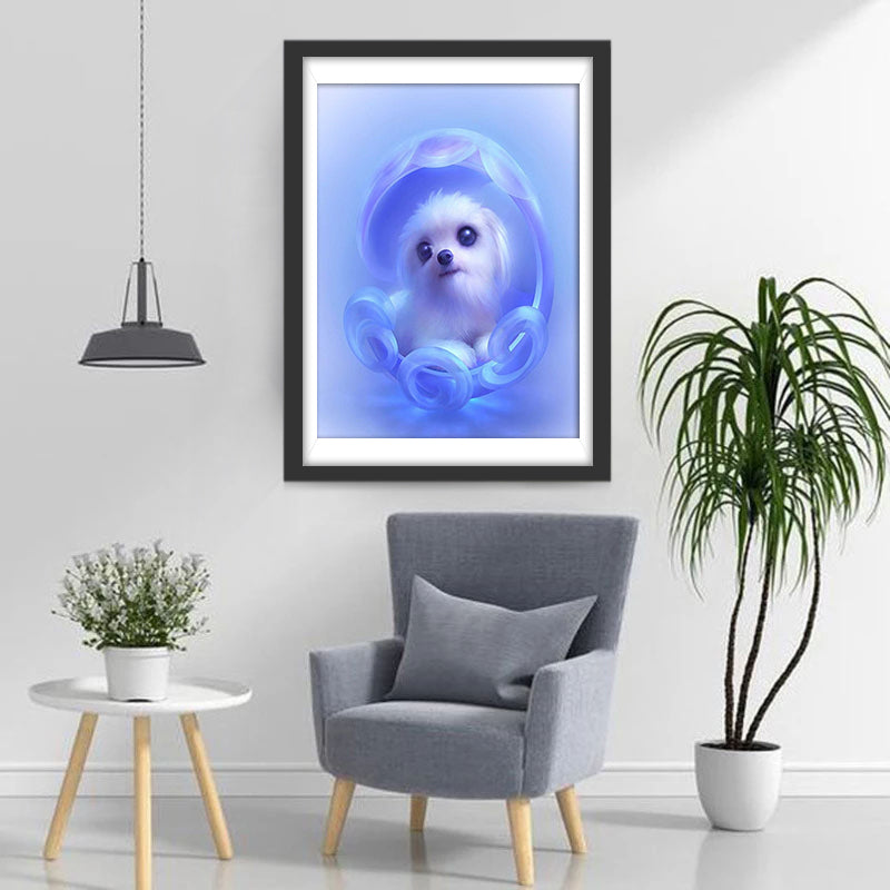 Witte Puppy op Paarse Achtergrond Diamond Painting