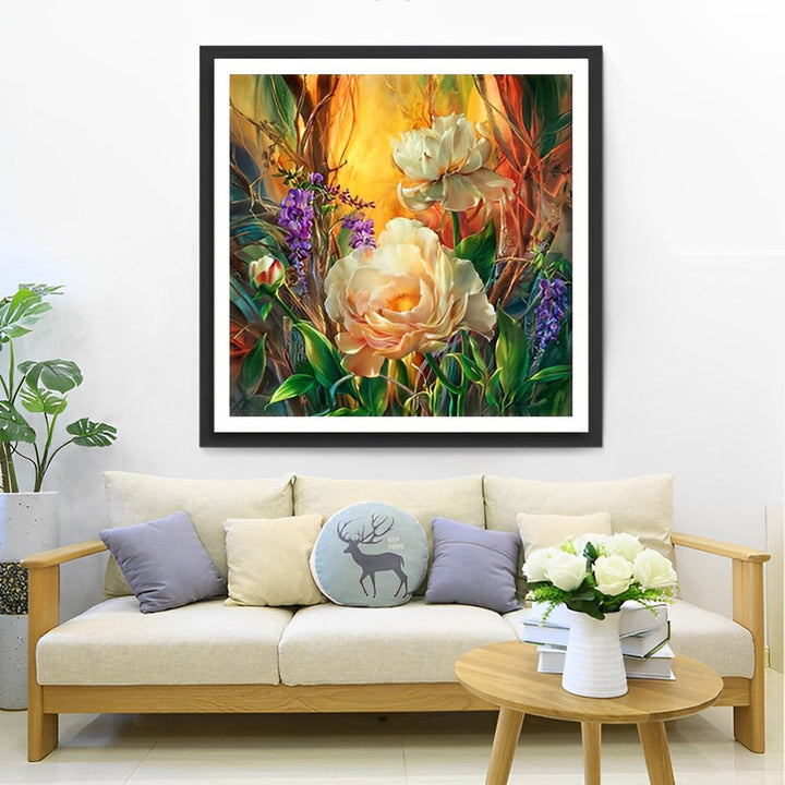 Witte Rozen, Paarse Bloemen en het Bos Diamond Painting
