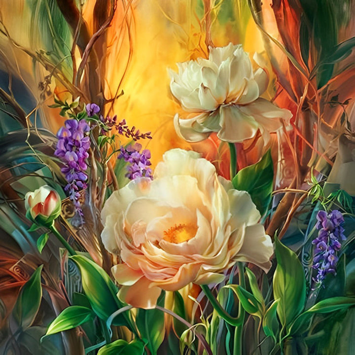 Witte Rozen, Paarse Bloemen en het Bos Diamond Painting