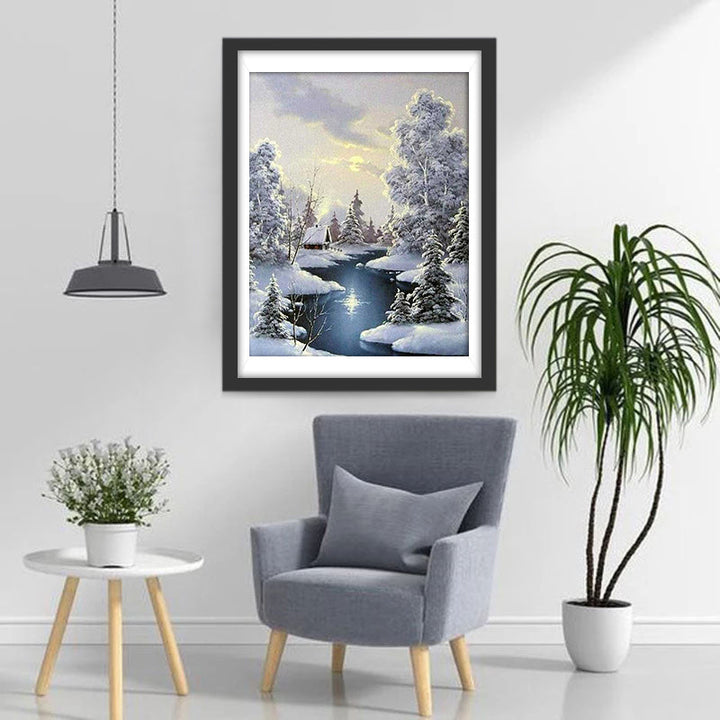 Witte Sneeuwpracht en de Stille Rivier Diamond Painting