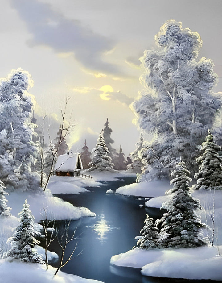 Witte Sneeuwpracht en de Stille Rivier Diamond Painting