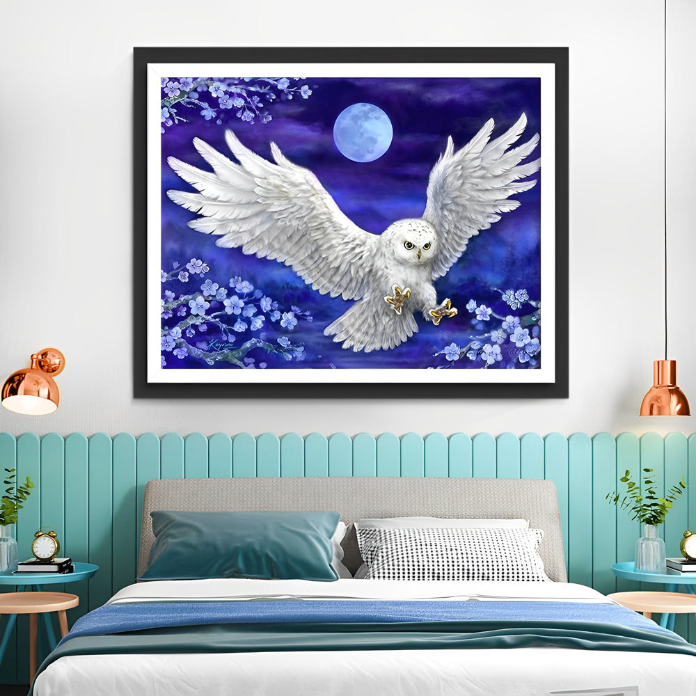 Witte Uil en Paarse Bloemen onder de Maan Diamond Painting