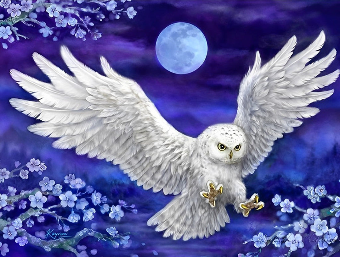 Witte Uil en Paarse Bloemen onder de Maan Diamond Painting