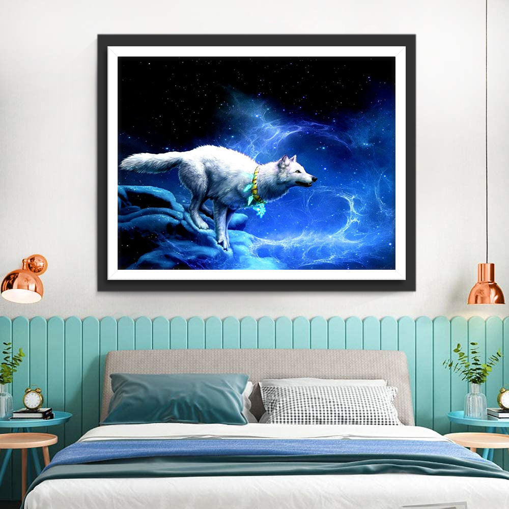 Witte Wolf Rent in Blauw Licht Diamond Painting