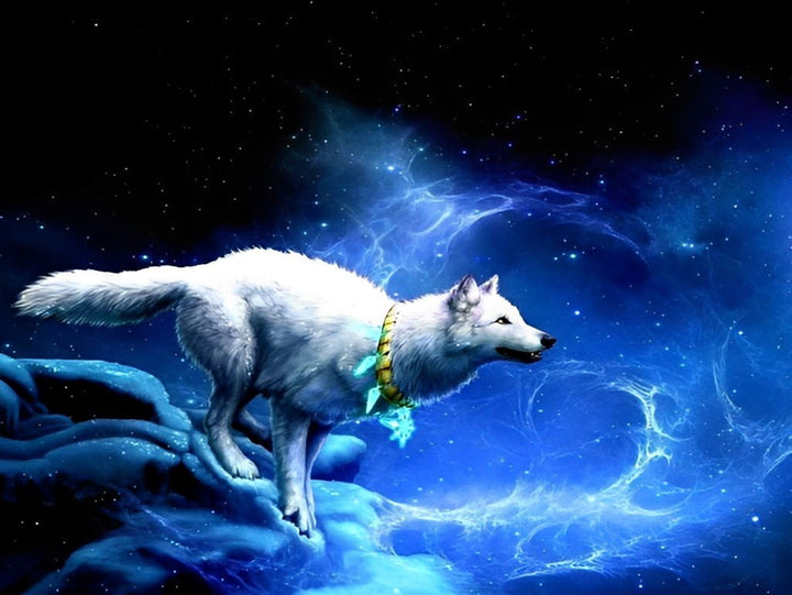 Witte Wolf Rent in Blauw Licht Diamond Painting