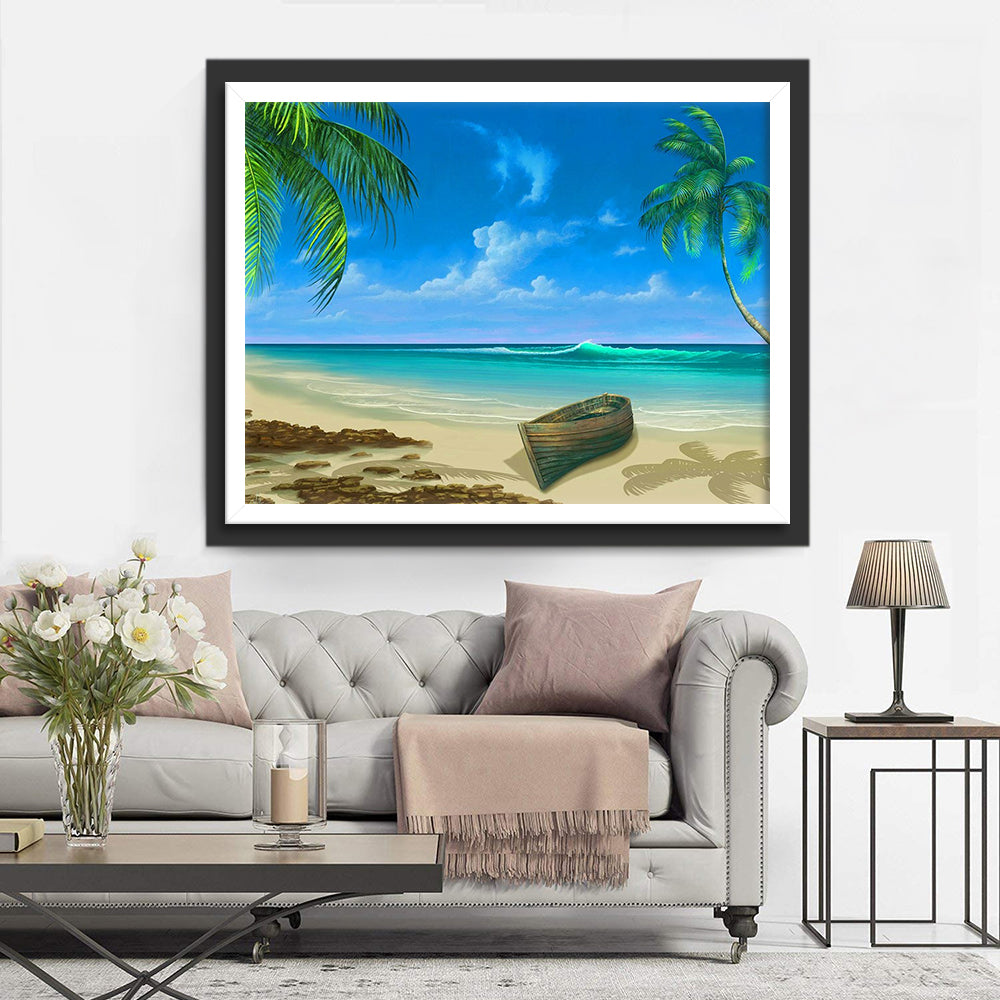 Witte Zandstrand met Boot en Palmbomen Diamond Painting