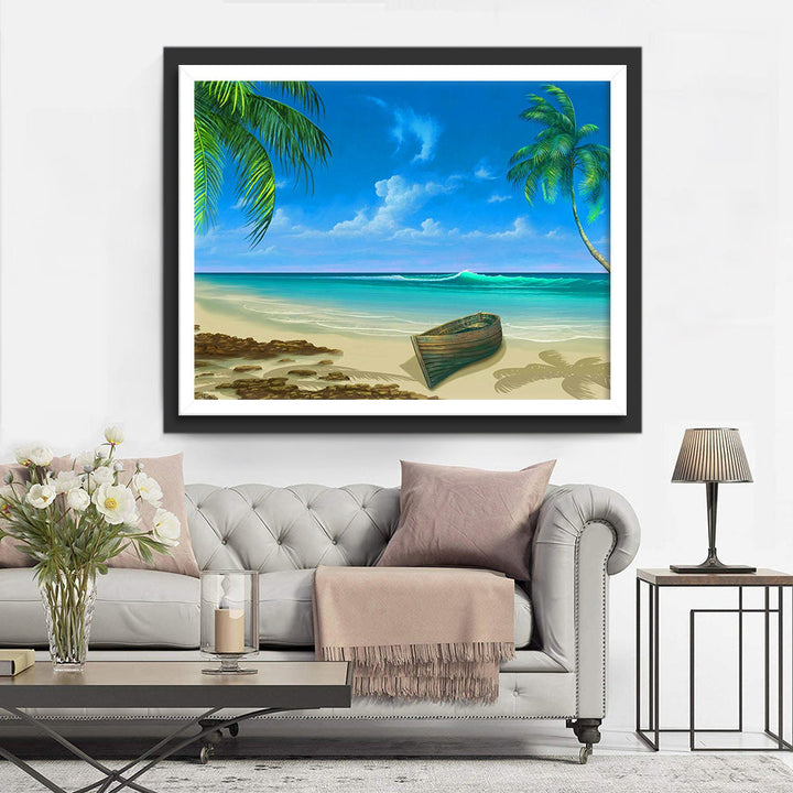 Witte Zandstrand met Boot en Palmbomen Diamond Painting