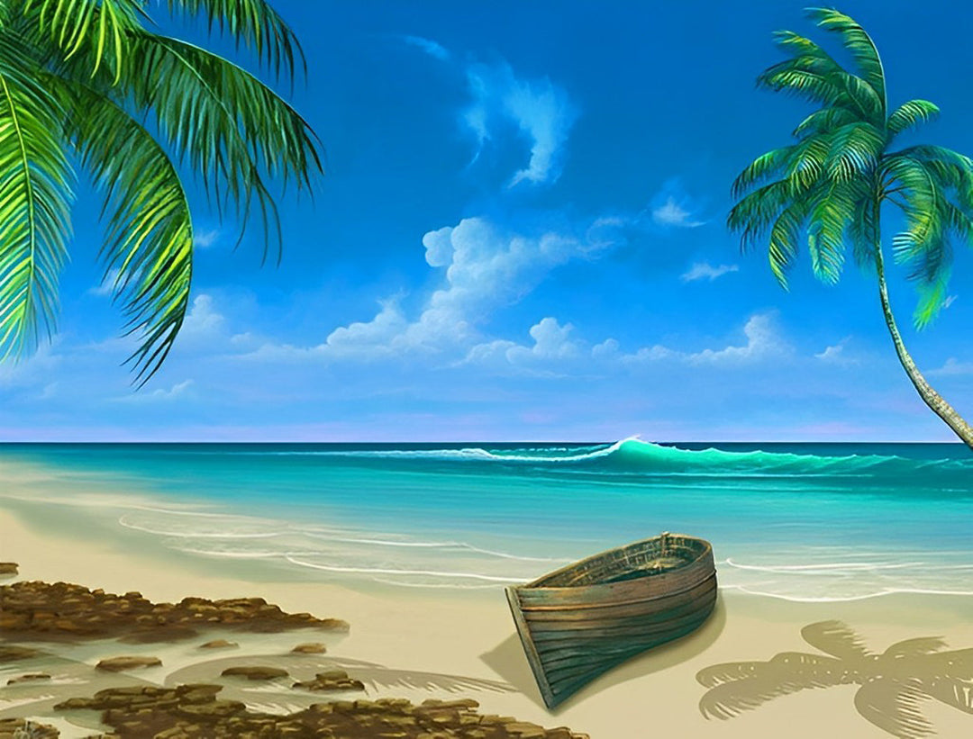 Witte Zandstrand met Boot en Palmbomen Diamond Painting