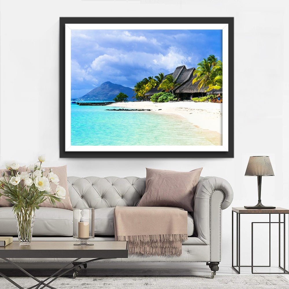 Witte Zandstrand met Palmbomen en Golfslag Diamond Painting