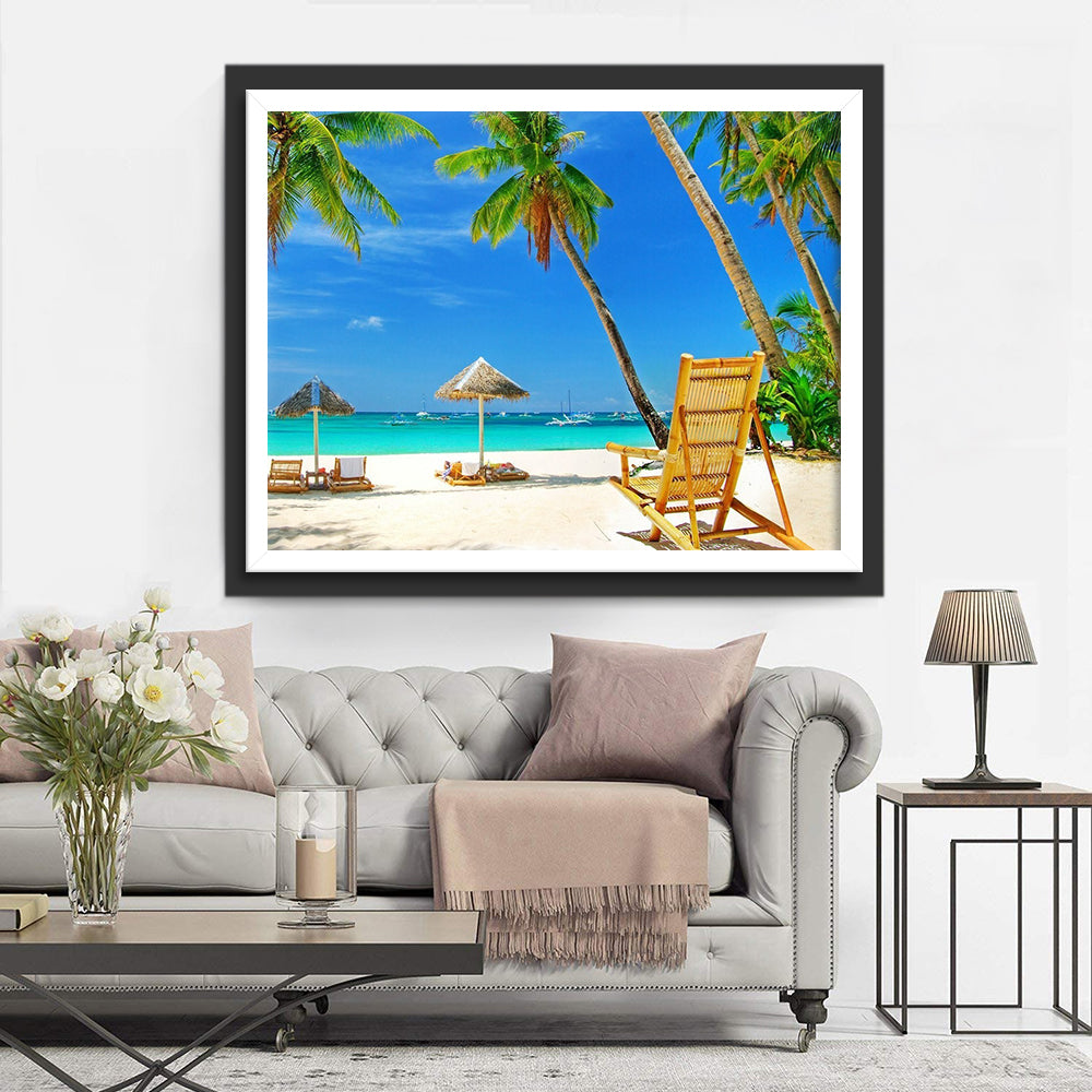 Witte Zandstrand Met Palmbomen en Zonneschermen Diamond Painting