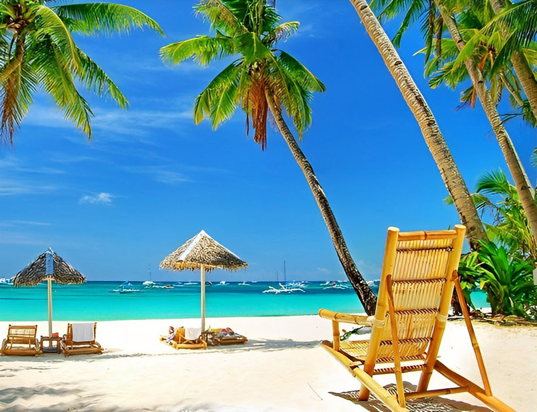 Witte Zandstrand Met Palmbomen en Zonneschermen Diamond Painting
