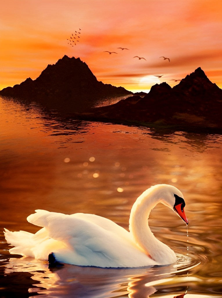 Witte Zwaan in een Meer in de Avondzon Diamond Painting
