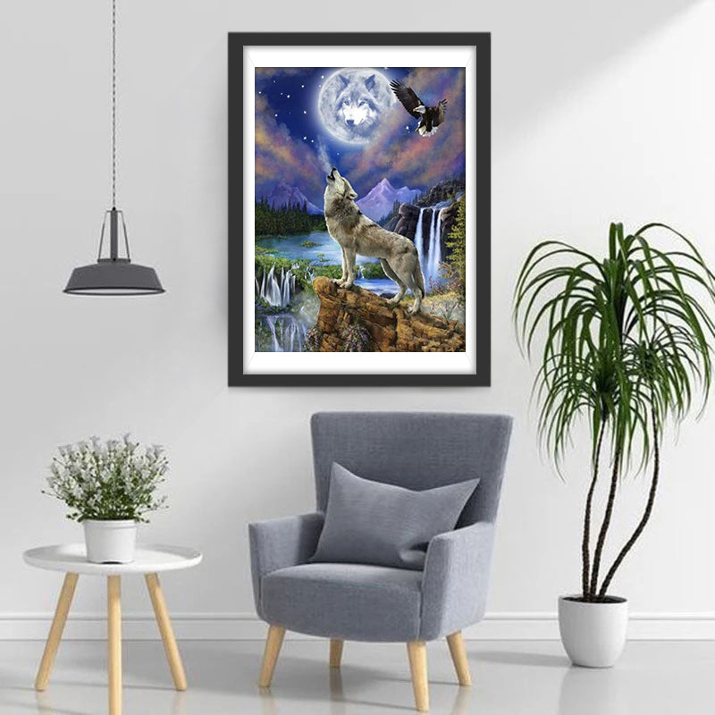 Wolf aan het Huilen onder Maan met Adelaar Diamond Painting