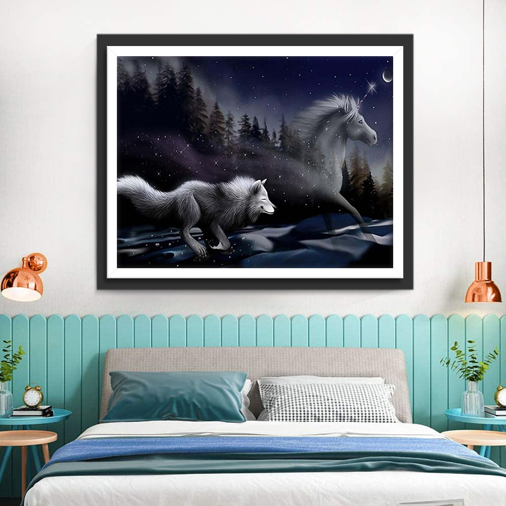 Wolf en Eenhoorn onder de Nachtmaan Diamond Painting