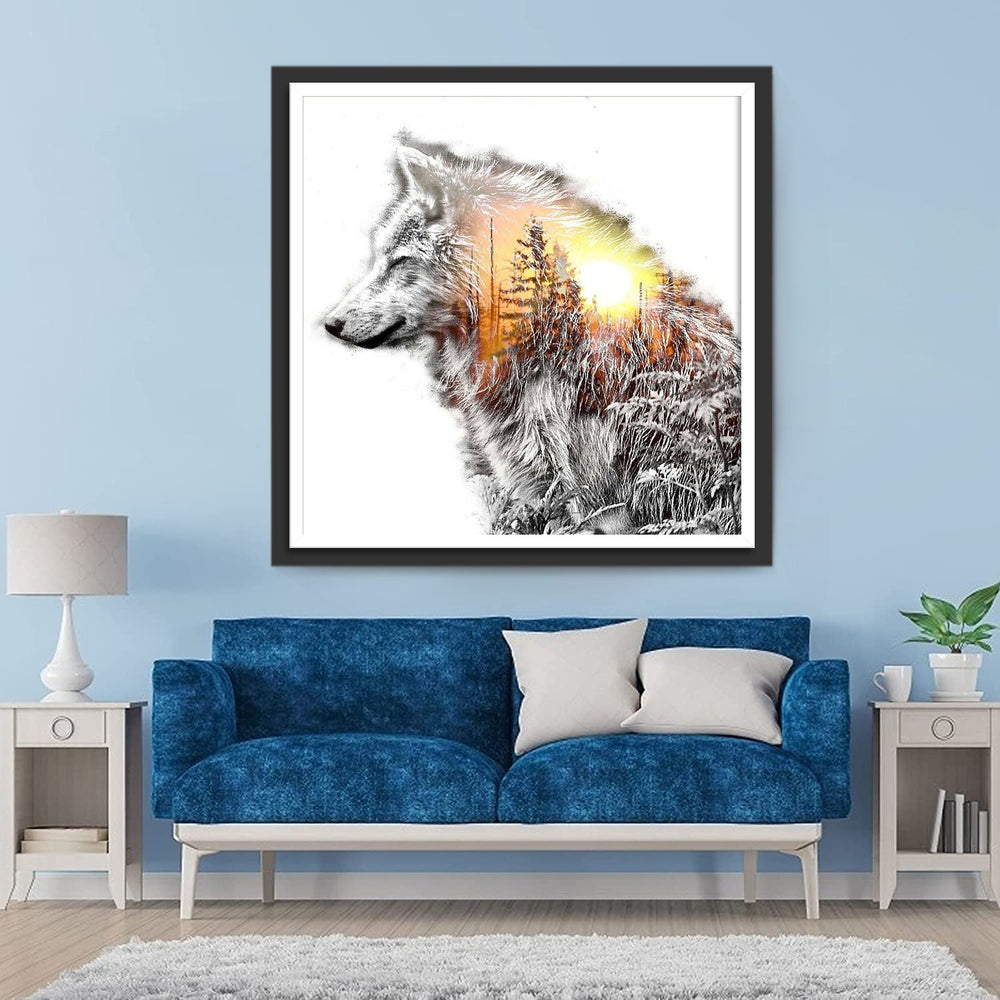 Wolf en het Dennenbos bij Zonsondergang Diamond Painting