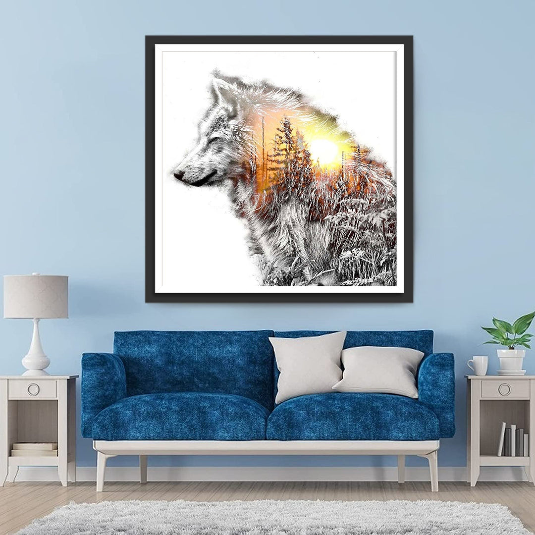 Wolf en het Dennenbos bij Zonsondergang Diamond Painting